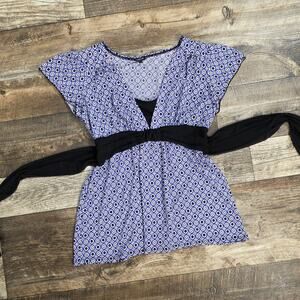 Y2K Babydoll Printed Short Sleeve Top Size Large 00s Retro Mod Twee